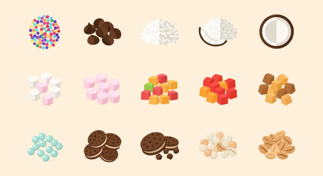 Flat vector icons of dessert and yogurt toppings featuring sprinkles, chocolate chips, shredded coconut, marshmallows, jelly cubes, caramel, mini cookies, candy pearls, and cereal.
