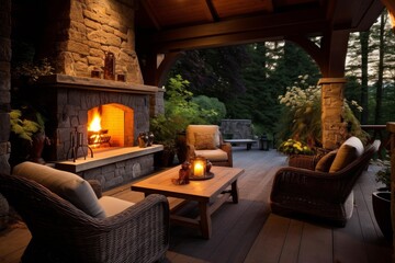 Fototapeta premium Outdoor living space featuring a glowing fireplace, wicker chairs, and a coffee table at dusk