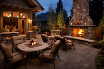 Fototapeta premium Backyard patio providing cozy ambiance with illuminating lights and furniture