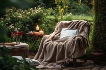 Fototapeta premium Armchair draped with a blanket and cushion creating a comfortable outdoor lounging area in a garden