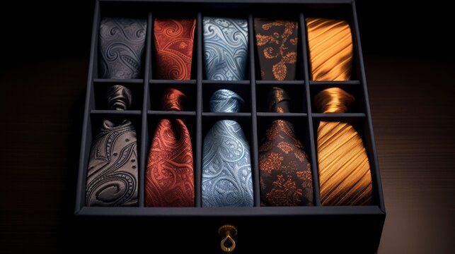 A photo of a set of luxury ties and pocket squares.