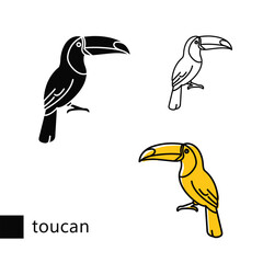 Obraz premium Set of toucan in black, outline, and yellow design on a transparent background