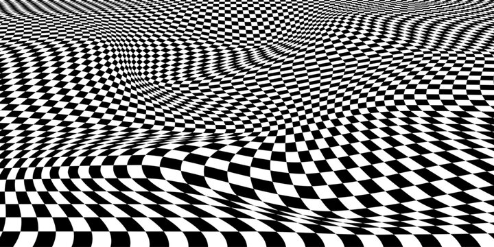 Black and white checkerboard floor fading in perspective. Vanishing checkered tile pattern background. Vector vintage empty room stage checker floor. Retro horizontal chess board grid plane surface