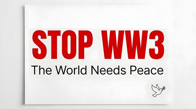 A white sign with bold red text 'STOP WW3' and black text 'The World Needs Peace', featuring a small dove symbol.
