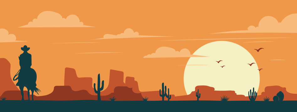 Wild west vector illustration of cowboy on horseback in a desert landscape with mesas and cacti at sunset