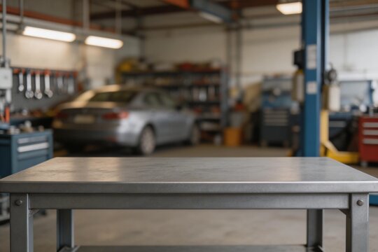 Empty metal workbench table in front of blurred auto repair shop background. Automotive product display mocku p