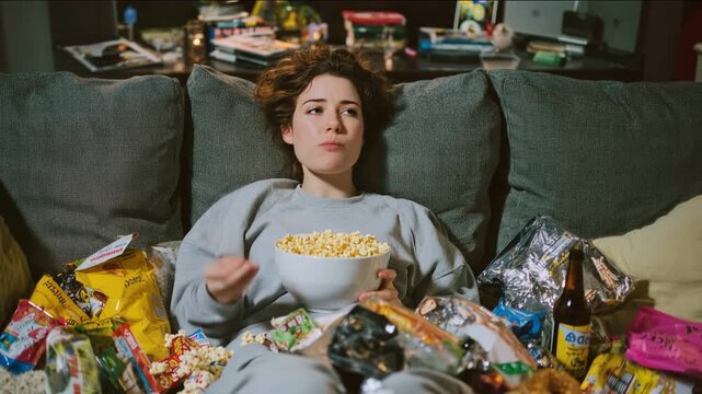 Young woman eating popcorn on a messy sofa surrounded by chips and snacks. Watching TV late at night. Lazy weekend and binge-watching concept.