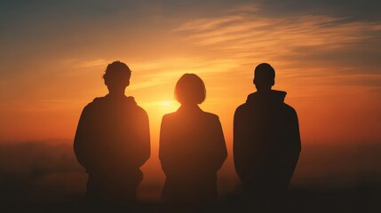 Fototapeta premium Three people standing side by side as silhouettes against vibrant golden orange sunset sky