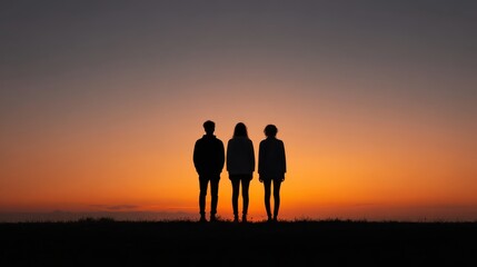 Fototapeta premium Three silhouetted people standing side by side on ground against vivid orange red sunset horizon