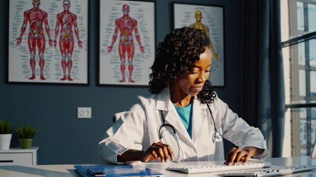 Female doctor works at modern clinic. She types on computer keyboard. Bright office with anatomical charts in background creates professional atmosphere.