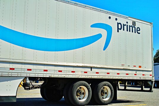 Amazon Prime trailer with view of logo on side  , parked at truck stop.  Corning, CA  USA  March 15, 2026.
