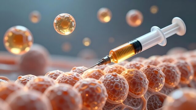 Medical Syringe Injecting into Human Cells 3D Render, Biotechnology and Healthcare Science Concept