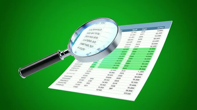 3D animated magnifying glass hovering over digital spreadsheet on green background