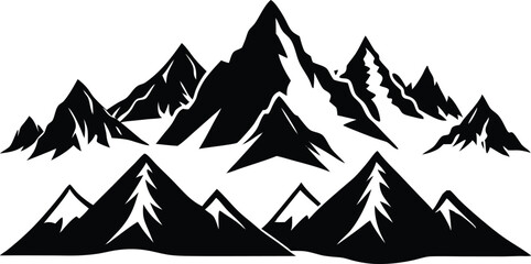 Obraz premium A collection of stylized black mountain range silhouettes isolated on a clean white background representing nature and adventure