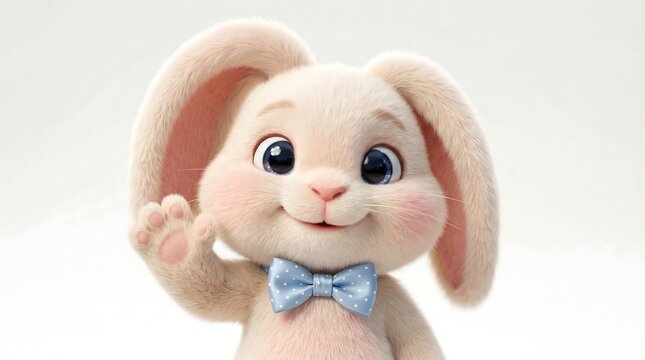 A cute cartoon rabbit waves hello with a blue bowtie on.