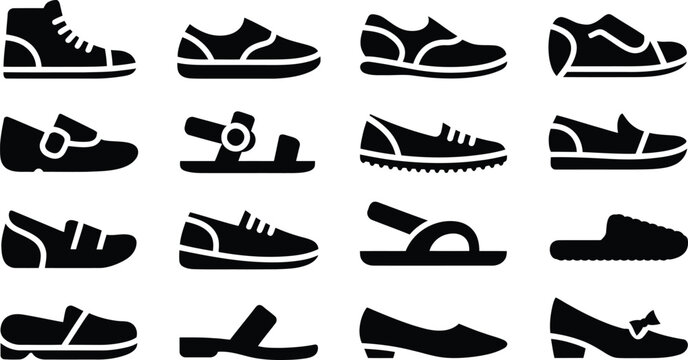 Collection of various black footwear icons showcasing different styles of shoes and sandals isolated on a white background