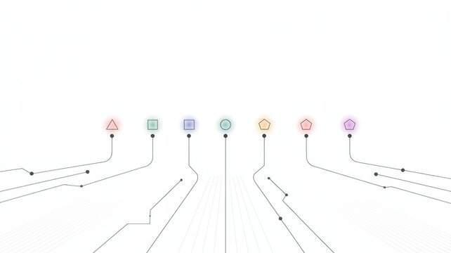flowchart with colorful geometric shapes and lines on white background  business process diagram
