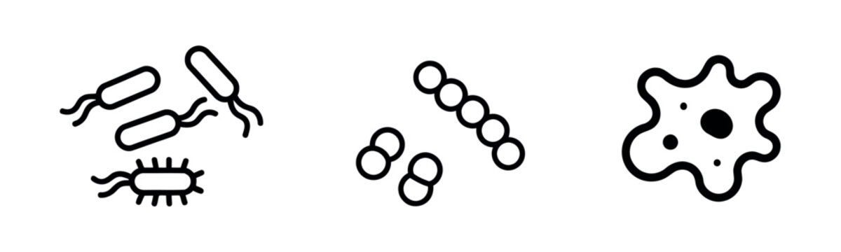 Set of minimalist black line icons representing different types of bacteria, microbes, and germs on a white background.