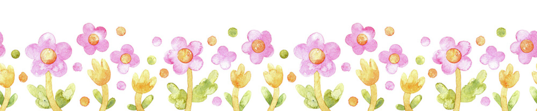 Seamless pastel floral border pattern. Hand drawn watercolor flowers along edge with repeat. Cute spring design for fabric, wallpaper, and wrapping. Soft texture, delicate colors. Cozy illustration.