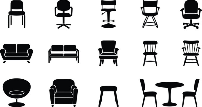Collection of diverse black furniture icons including chairs sofas and tables isolated on a white background for design