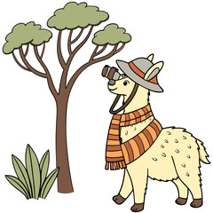 Fototapeta premium Savannah Heat themed SVG: Shy Alpaca with with a scarf in a Safari Adventure environment