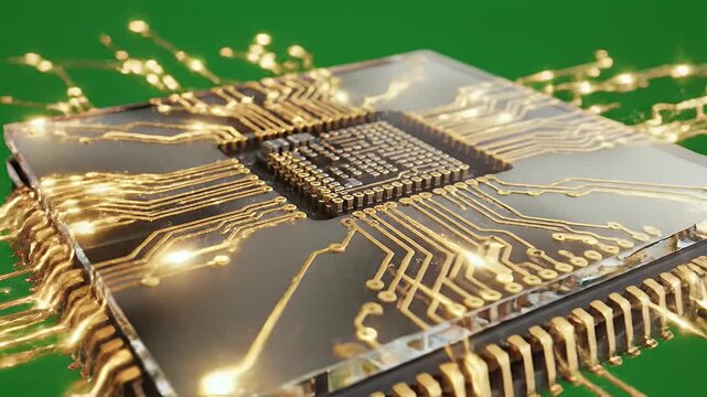 Aerial view of 3D glass morphism microchip with glowing golden circuits and light pulses on green background