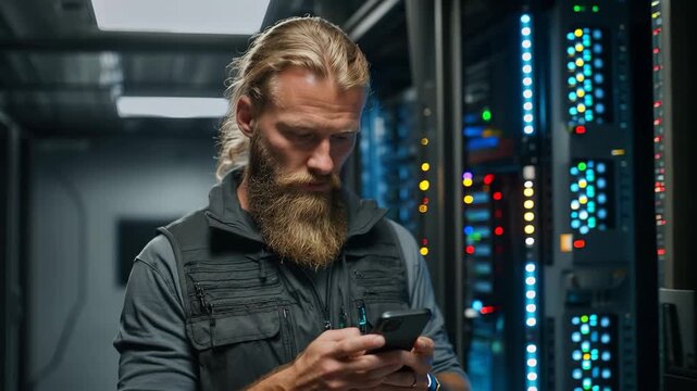 Engineer diagnoses server issues with smartphone while working in data center and checking equipment at night