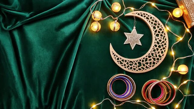 Top view of Pakistani Eid decor with crescent moon, star, bangles, and glowing warm lights on green velvet background.