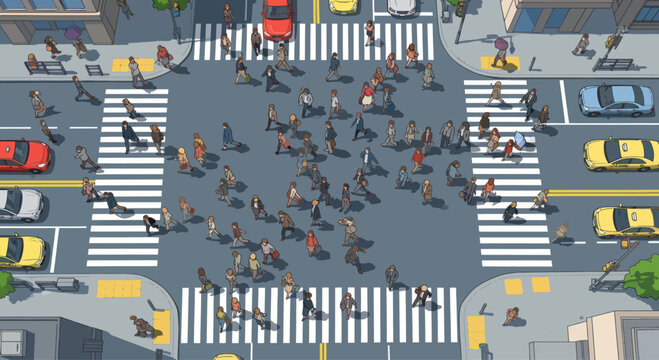 Busy City Intersection with Pedestrians and Cars Crossing Streets