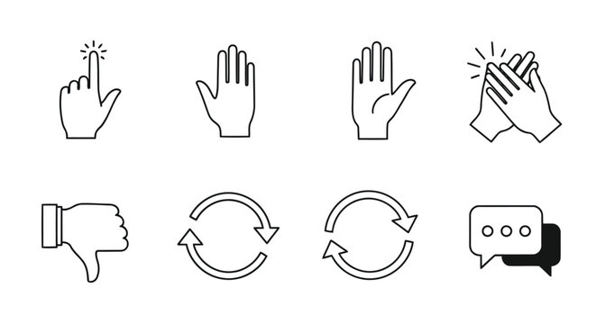A collection of eight simple black and white line art icons representing common digital gestures