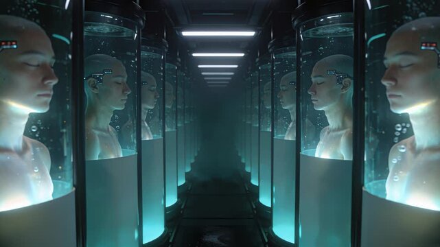 Futuristic cybernetic scene. Enhanced cyborgs in sleek clinical environment