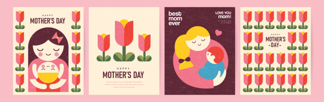 Set of Mother's Day greeting cards and posters with tulips, flowers, mother and child, typography and pastel decorative layouts in flat geometric illustration style for spring celebration.