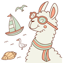 Fototapeta premium SVG art: A Dreamy Alpaca in a Beach day vibe with wearing glasses, tinted with Ocean Breeze tones