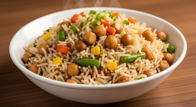 Delicious Chickpea and Vegetable Rice Pilaf Bowl with Steaming Rice