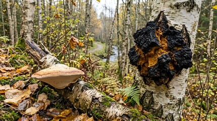 Obraz premium Chaga Mushroom Growing on Birch Tree in Autumn Forest with Fallen Leaves and Stream