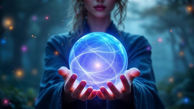 Calm lady holds glowing blue orb amidst misty trees with floating lights