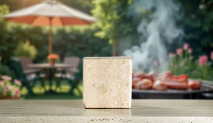 Marble podium on table with garden barbecue background – summer lifestyle product mockup. Garden setting with barbecue elements with warm and relaxed outdoor atmosphere. Spring or summer vibes. © magdal3na