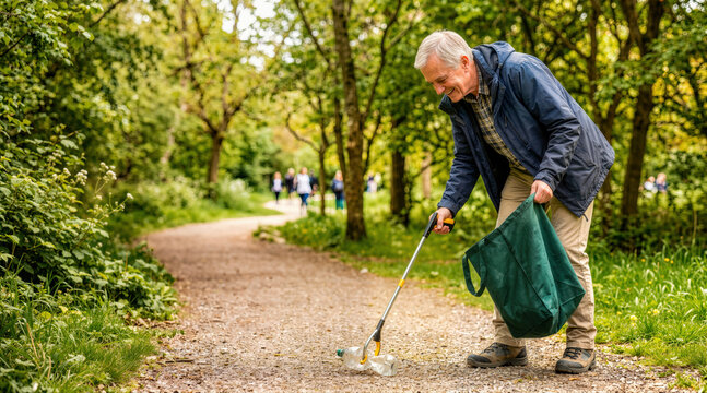 Smiling senior man using a grabber tool to pick up plastic trash in a green park. Elderly volunteer collecting garbage in a reusable bag. Environmental cleanup and community service