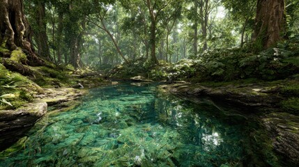 Fototapeta premium Pristine rainforest scene with a lungs-shaped lake, highlighting air quality, biodiversity, and nature's balance