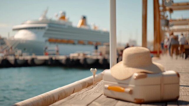 Travel preparation with a suitcase and a hat on a dock near a cruise ship during sunny weather