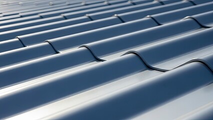 Fototapeta premium Close-up of a repetitive pattern of curved, metallic, gray roofing tiles reflecting light