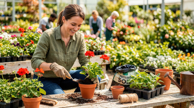 Smiling woman planting red geraniums in terracotta pots at a wooden bench. Female gardener working in a bright greenhouse nursery