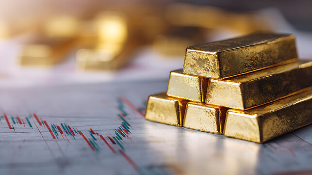 Stack of shiny valuable gold bars resting on a financial chart, symbolizing investment, wealth, and the volatility of stock market trends