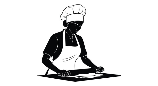 Vector illustration of black chef rolling dough