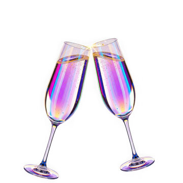 A vibrant and celebratory toast with two iridescent champagne flutes clinking together