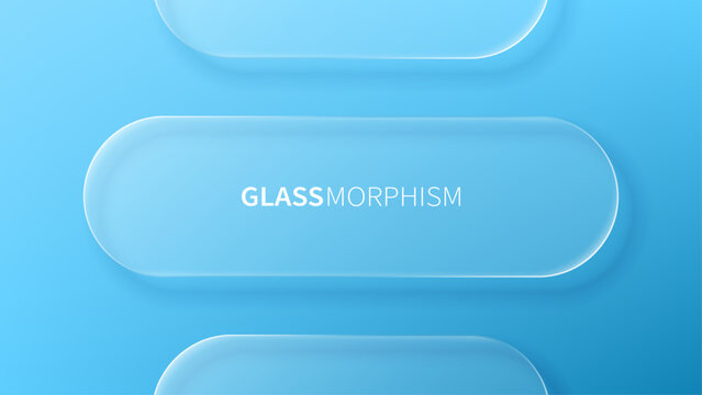 Blue glass morphism background with rounded rectangular panels. Abstract UI design element for modern digital interface and software landing page. Transparent clear frosted overlay effect.