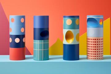 Cylindrical containers stacked showing different patterns, textures, and vibrant colors on a complementary background