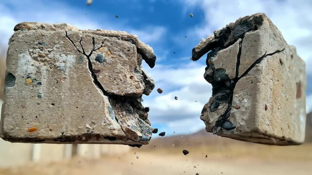 A concrete block breaks into two pieces in mid-air, releasing a cloud of small stones and debris against a bright cloudy sky