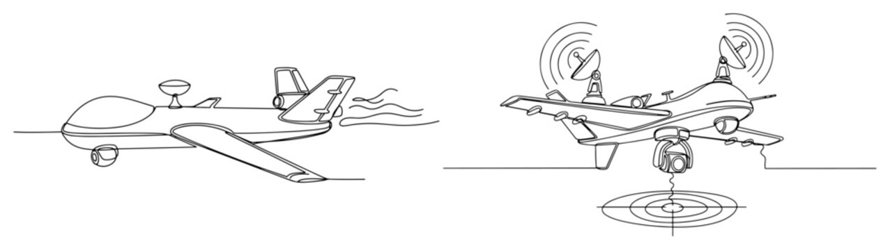 Continuous one line drawing of military surveillance drones equipped with advanced radar and cameras for scouting missions