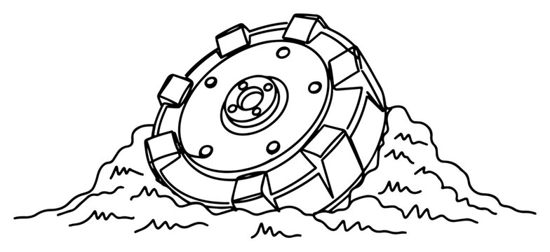 An anti tank landmine partially buried in the ground with grass in a simple hand drawn line art style